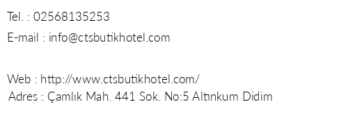 Cts Butik Hotel telefon numaralar, faks, e-mail, posta adresi ve iletiim bilgileri